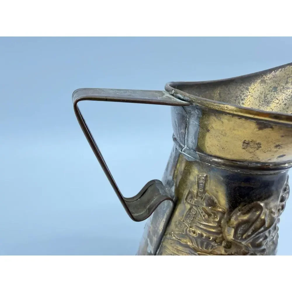 Vintage England Brass Pitcher Jug Embossed Dutch Couple Decorative Vase